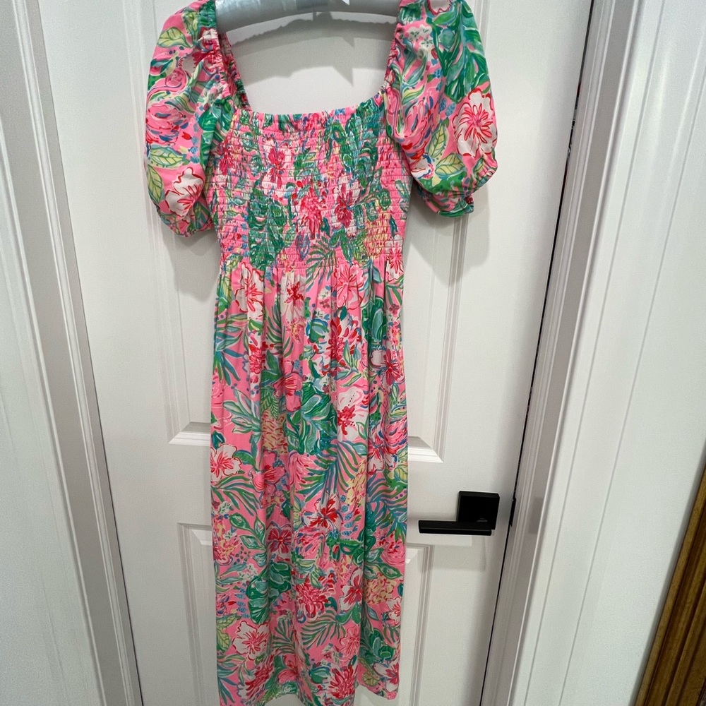 Lilly Pulitzer Pink and Green Smocked Silk Dress Journey to the Jungle